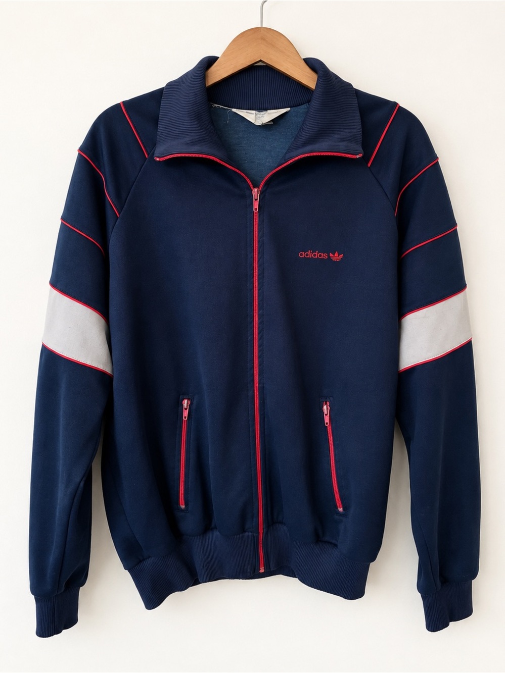 Vintage 80s Adidas Trefoil Track Jacket Navy Red White Colorblock - Picture 2 of 15